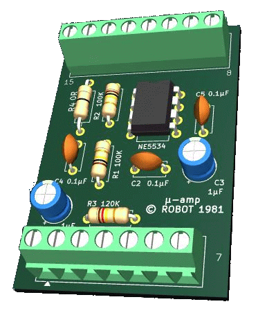 Three-dimensional rendering of the Micro-Amp guitar preamplifier circuit board